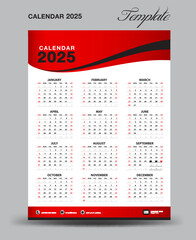 Wall desk calendar 2025 template, desk calendar 2025 design, Week start Sunday, business flyer, Set of 12 Months, Week starts Sunday, organizer, planner, printing media, red wave background, vector