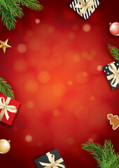 Christmas glass ball and giftbox red background with space for text.