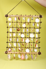 Wall display of seashells tied to rope