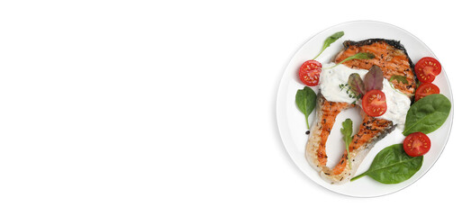 Set with tasty grilled salmon on white background, top view. Banner design