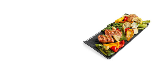 Set with tasty grilled salmon on white background. Banner design