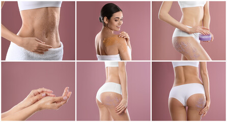 Collage with photos of young women applying body scrubs on pink background