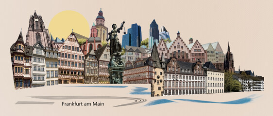 Landmarks collage of the city of Frankfurt am Main, Germany - contemporary creative retro art collage or design - travel concept - obrazy, fototapety, plakaty