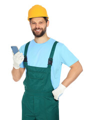 Professional repairman in uniform with smartphone on white background