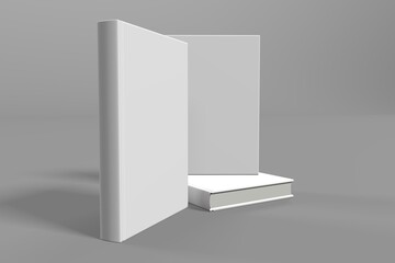 Realistic 3d book mockup illustration with 3 hard covers. Book mockup standing on isolated gray background with shadow. 3 hardcover books.