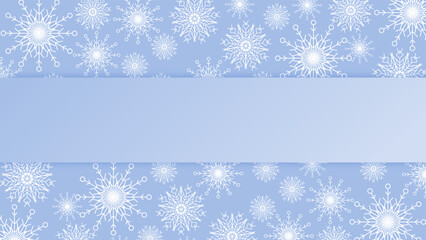 Beautiful blue christmas background with snowflake and copy space. Merry Christmas and Happy New Year 2023 greeting card. Horizontal new year banner, header, poster, card, website. Vector illustration