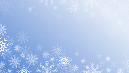 Beautiful blue christmas background with snowflake and copy space. Merry Christmas and Happy New Year 2023 greeting card. Horizontal new year banner, header, poster, card, website. Vector illustration