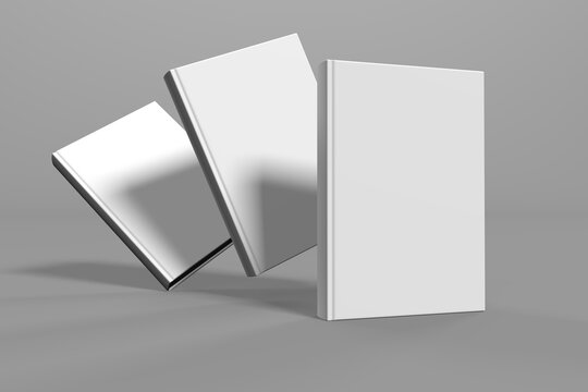 Realistic 3d book mockup illustration with 3 hard covers. Book mockup standing on isolated gray background with shadow. 3 hardcover books.