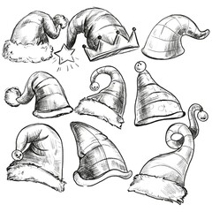 hand drawn illustration of a pencil Santa hat. Black and white