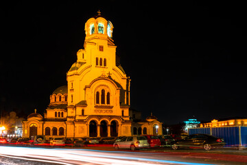 Saint Alexander Nevsky Cathedral at dusk with car lights, Sofia, Bulgaria