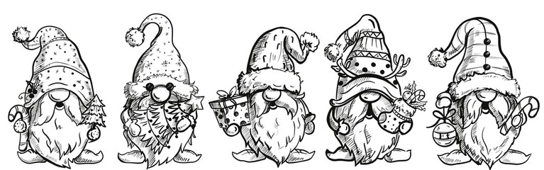 Set of little garden gnomes. Collection of cute elfs holidays gnomes with hats.illustration for New Year postcard. Drawing for children.