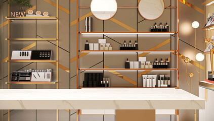 Empty white marble counter in elegant and luxury interior design of beauty cosmetic shop with gold steel shelf and personal, skin and hair care product and decorative glass backdrop partition