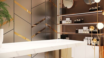 Empty white marble counter in elegant and luxury interior design of beauty cosmetic shop with gold...