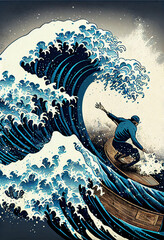 Kanagawa wave surfer illustration generated with Artificial Intelligence