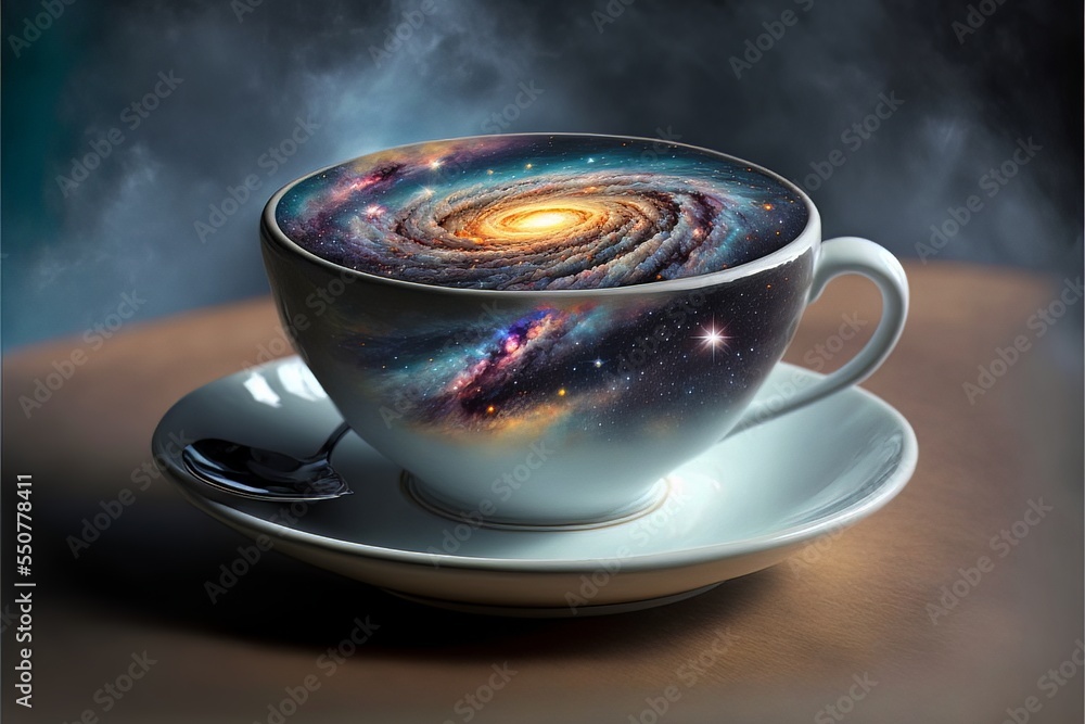 Wall mural illustration of a galaxy of worlds in a tea cup with saucer