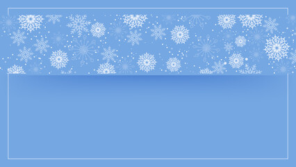 Blue snowflake border with Christmas design for greeting card. Vector illustration, merry xmas snow flake header or banner, wallpaper or backdrop decoration. New year 2023
