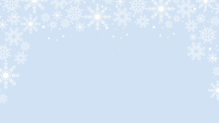 Blue snowflake border with Christmas design for greeting card. Vector illustration, merry xmas snow flake header or banner, wallpaper or backdrop decoration. New year 2023