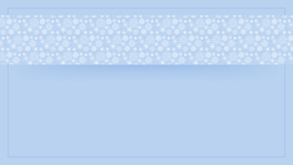 Blue snowflake border with Christmas design for greeting card. Vector illustration, merry xmas snow flake header or banner, wallpaper or backdrop decoration. New year 2023