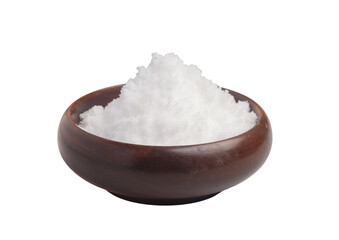White salt in a wooden cup on a white background