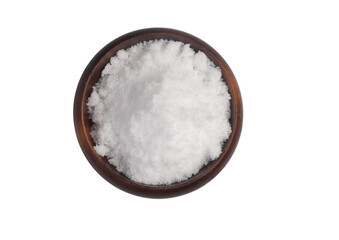 White salt in a wooden cup on a white background