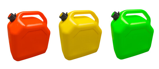 Three plastic gas canister isolated on a white background. Canister for gasoline, diesel and gas....