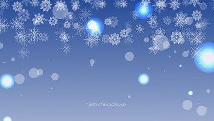 Christmas background with snowflakes of different shapes, sizes and transparency. Gradient from blue to white. Christmas with snowflake snow winter decoration. Christmas background with snow