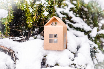 symbol of the house stands on a snow-covered fir branches
