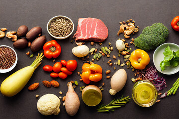 Fototapeta na wymiar Healthy food for balanced diet background. Overhead view of a large group of healthy food