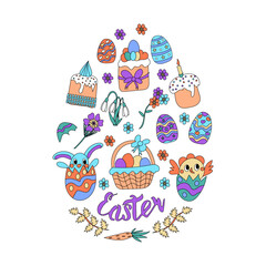 Set of cute Easter elements hand-drawn in the style of doodles and isolated on a white background. Vector illustration in the form of an Easter egg consisting of designer drawings of festive elements
