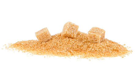 Crystals of cane sugar and brown sugar cubes isolated on a white background. Brown caramel cane sugar.