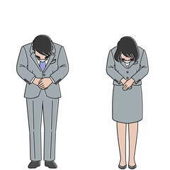 お辞儀をするスーツを着た男女　マスクあり