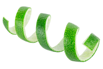 Fresh lime fruit peel isolated on a white background. Green lime zest, healthy food.