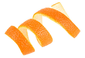 Peel of fresh orange fruit isolated on a white background. Orange zest.