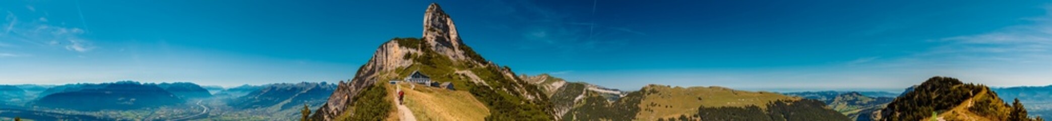 High resolution stitched 360 degree panorama at the famous Staubern mountains, Fruemsen, Sennwald, Saint Gallen, Appenzell, Switzerland - obrazy, fototapety, plakaty
