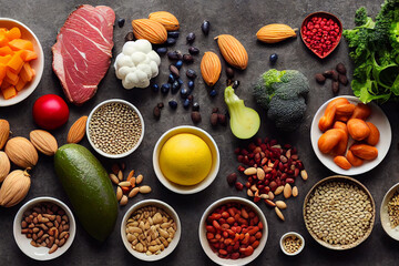 Healthy food for balanced diet background. Overhead view of a large group of healthy food