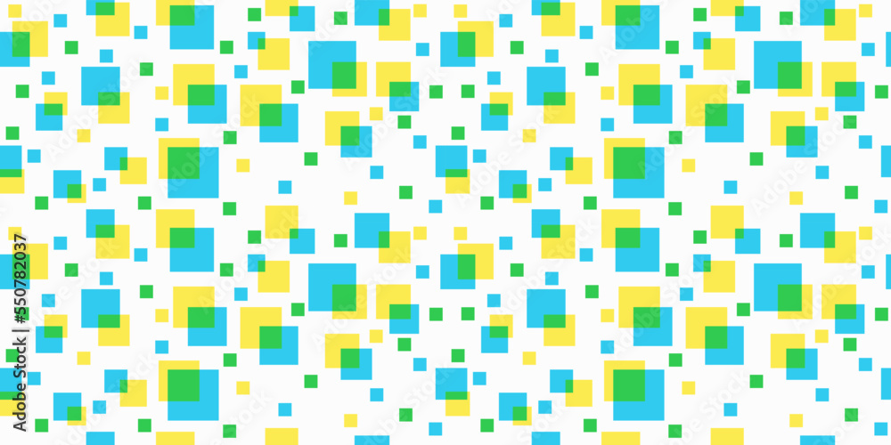 Poster Blue and yellow squares that sometimes intersect in a seamless canvas pattern. For seamless and stylish pattern, print on interior objects, textiles, pillows, interior decoration. Vector pattern.