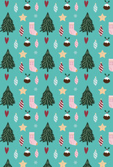 Christmas pattern with xmas decor on blue background.Xmas wrapping paper template