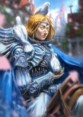 A blind holy knight woman in vintage brass bronze with a blue cloak, she has white eyes and golden hair, three doves sit on her, flower petals fly in the air against the capital background. 2d art