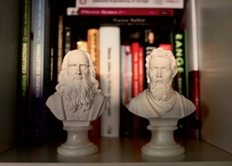 Statue of Leonardo da Vinci and Aristophanes against books in a library