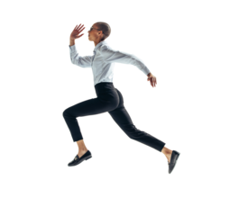 Young businesswoman running mid air on a transparent background