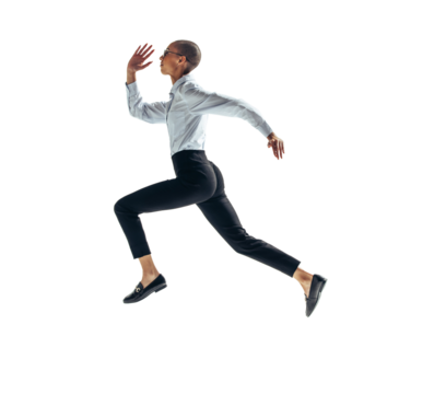 Young businesswoman running mid air on a transparent background - Powered by Adobe