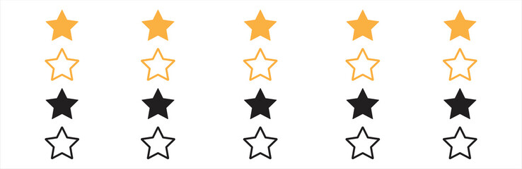 Stars icons set. Stars in linear flat design. Five stars icon. Five stars for review, rating and rank isolated. 5 yellow and black icons. Gold and black flat icons. Ranking logos. Vector illustration