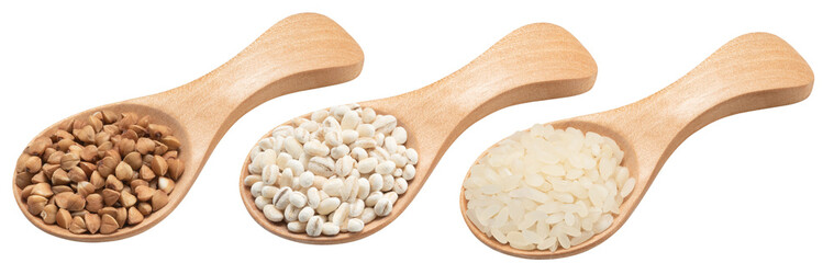 set of decorative spoons with cereals. buckwheat, pearl barley, rice. the entire image in sharpness.
