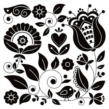 Scandinavian folk art vector black and white square floral design with bird inspired by traditional embroidery patterns from Sweden - perfect for greeting card or wedding invitation
