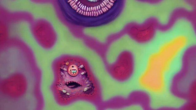 Colorful animation of cute animals with big eyes in a fantasy underwater coral landscape. Happy little monsters  kids cartoon background.