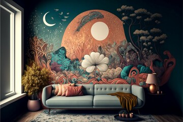 Studio shot of a cozy couch in front of an artsy wallpaper
