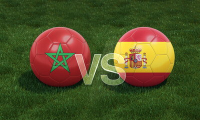 Football with Morocco vs. Spain 3D ball soccer flags on green football field.