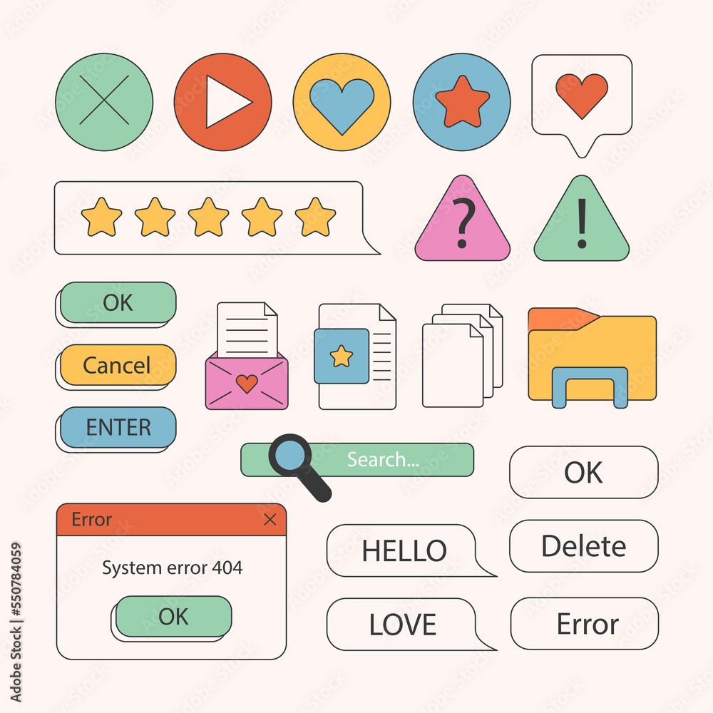 Poster set of retro stickers. 90s retro vaporwave old desktop user interface elements. cute nostalgic compu