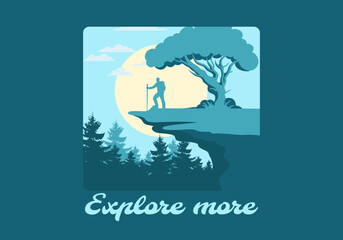 Mountain climbers standing on the edge of a cliff under a shady tree