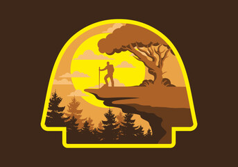 Mountain climbers standing on the edge of a cliff under a shady tree